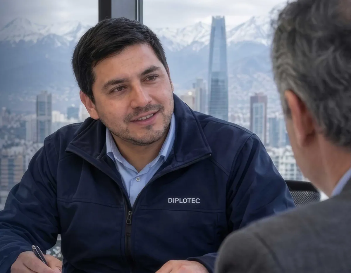 Ejecutivo de DIPLOTEC revisa un plano con un cliente, con Santiago y la cordillera de fondo